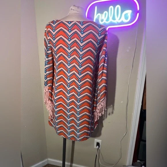 Umgee - orange and blue pattern dress with long sleeve - Picture 5 of 6